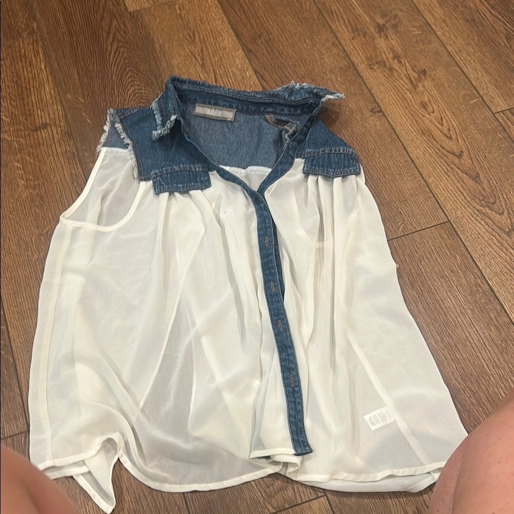 Chic Denim-Trimmed White Blouse